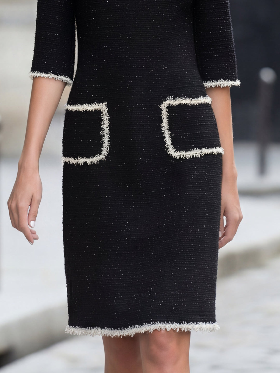 Frayed-Edge Tweed Shift Midi Dress