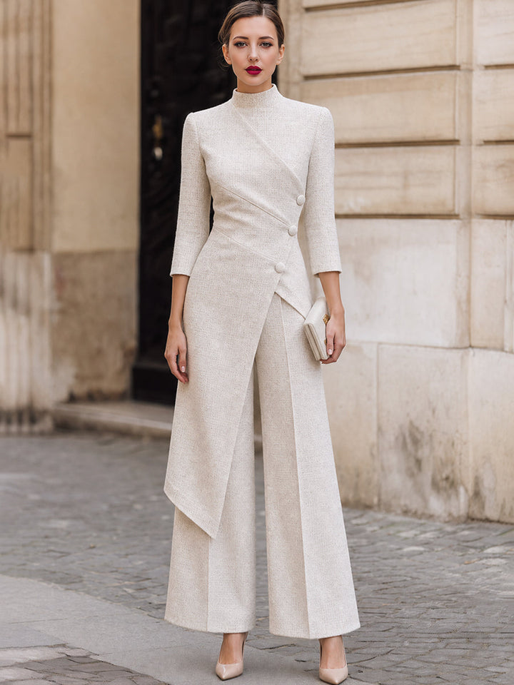 Ivory Tweed Top And Wide-leg Trousers FeaturingAn Asymmetrical Wrap Design Set