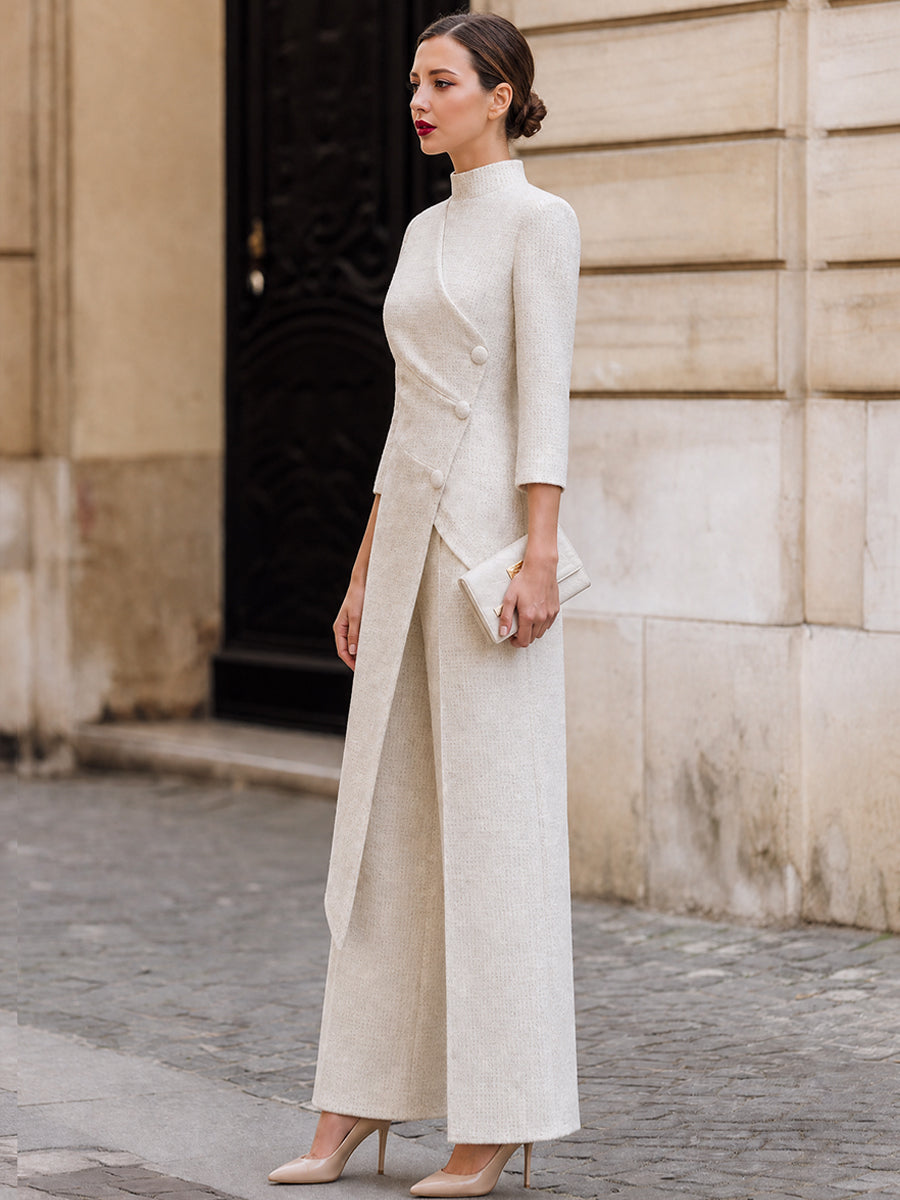 Ivory Tweed Top And Wide-leg Trousers FeaturingAn Asymmetrical Wrap Design Set