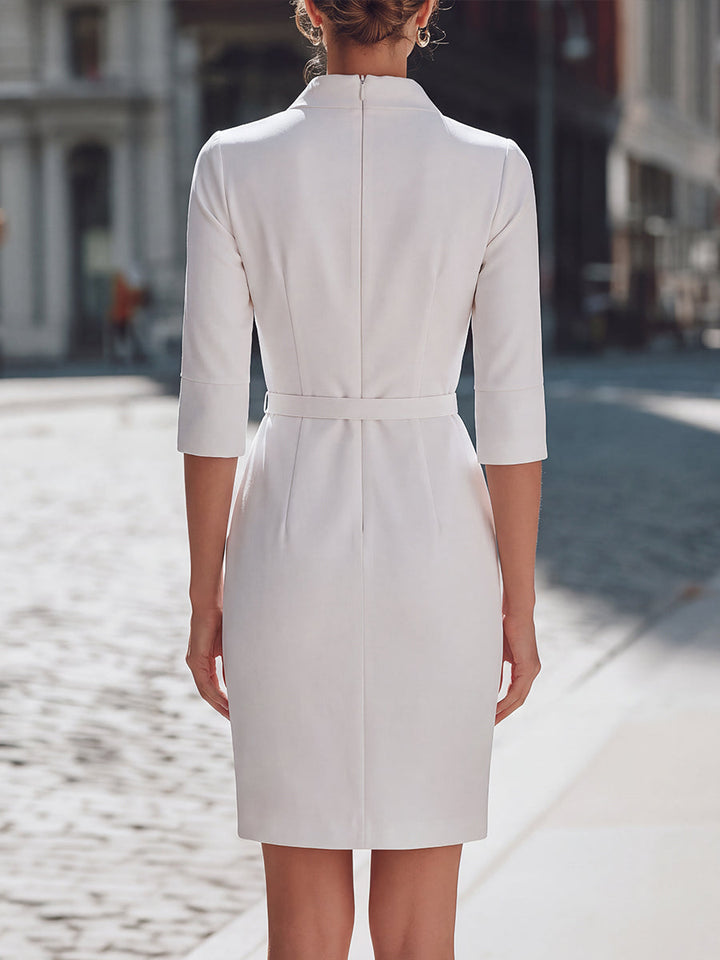 V-Neck Belted Tailored Sheath Dress