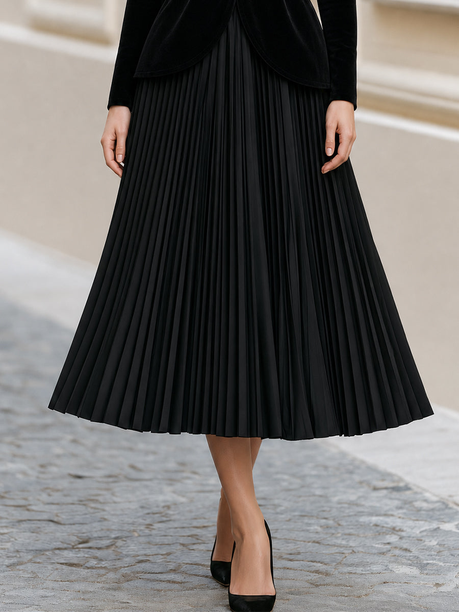 Formal Evening Round Neck  Velvet Peplum Top Pleated Midi Skirt Dress