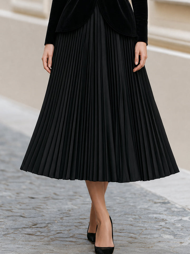Formal Evening Round Neck  Velvet Peplum Top Pleated Midi Skirt Dress