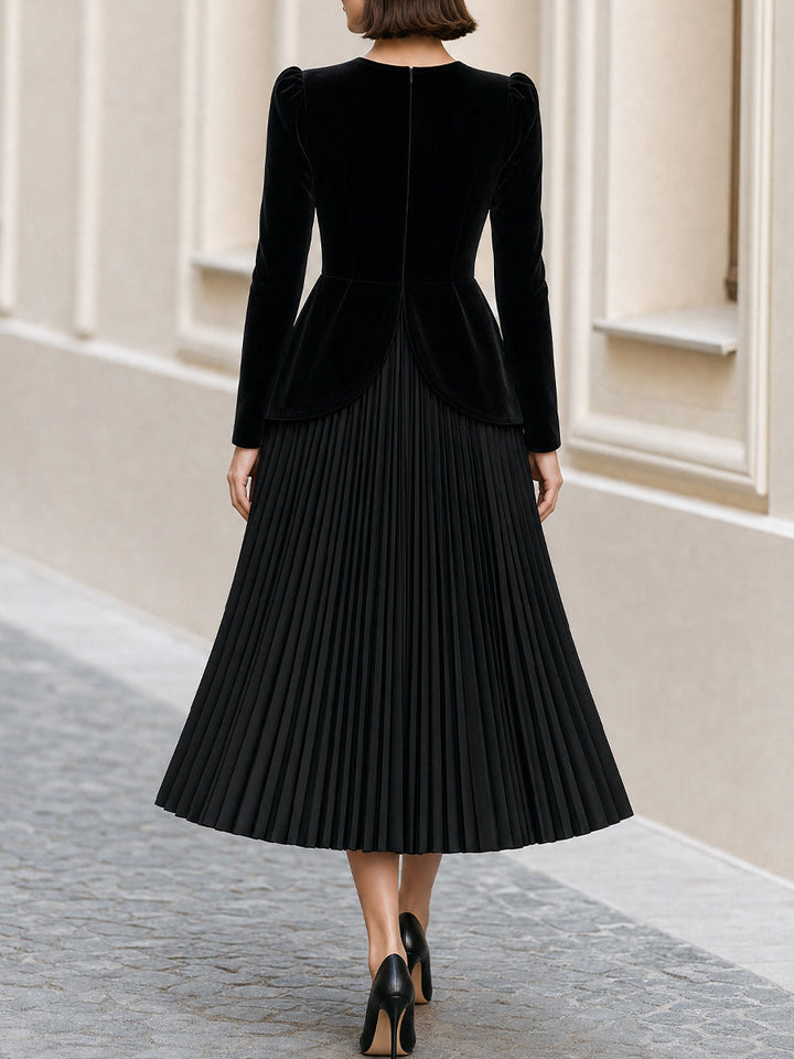 Formal Evening Round Neck  Velvet Peplum Top Pleated Midi Skirt Dress