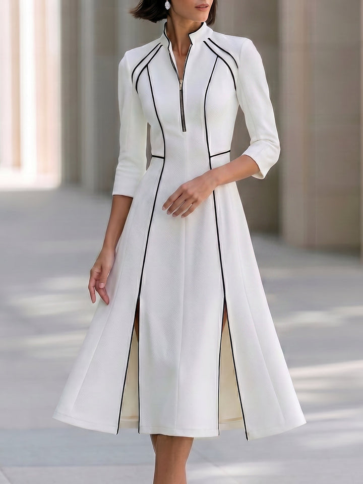 Contrast Trim Zip Front A-Line Midi Dress