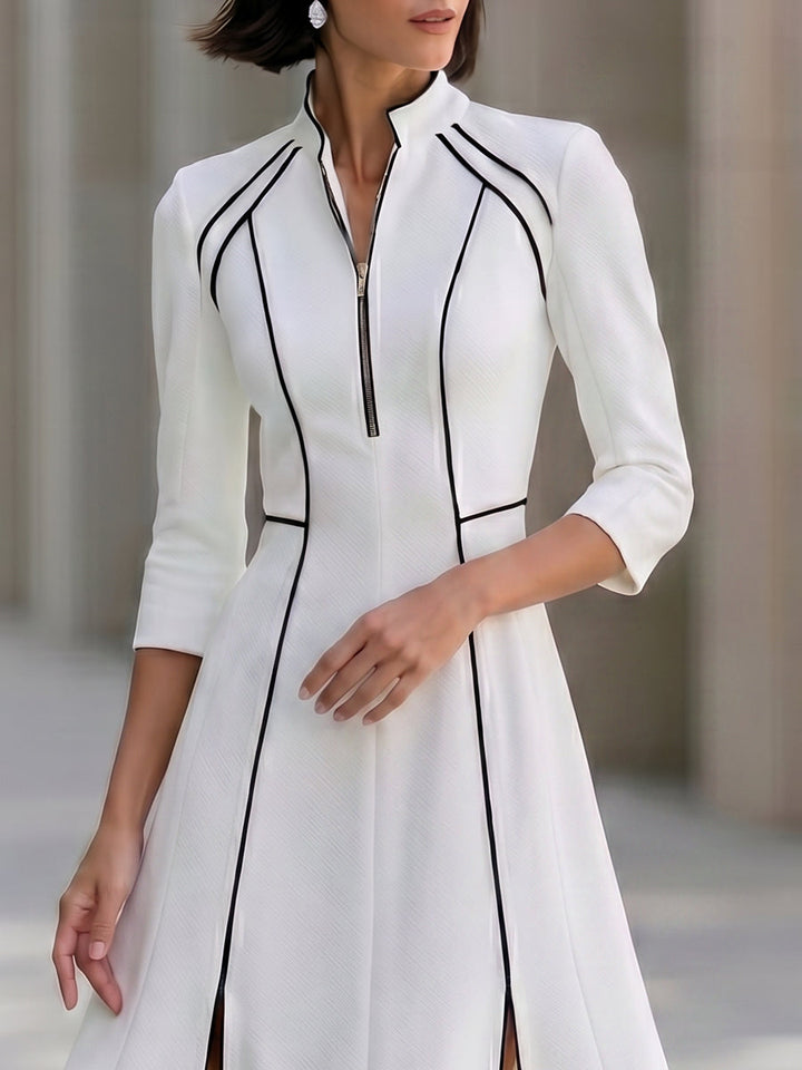 Contrast Trim Zip Front A-Line Midi Dress
