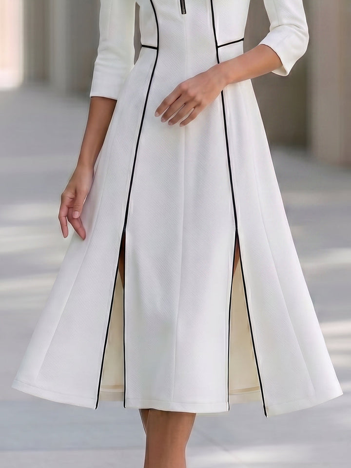 Contrast Trim Zip Front A-Line Midi Dress