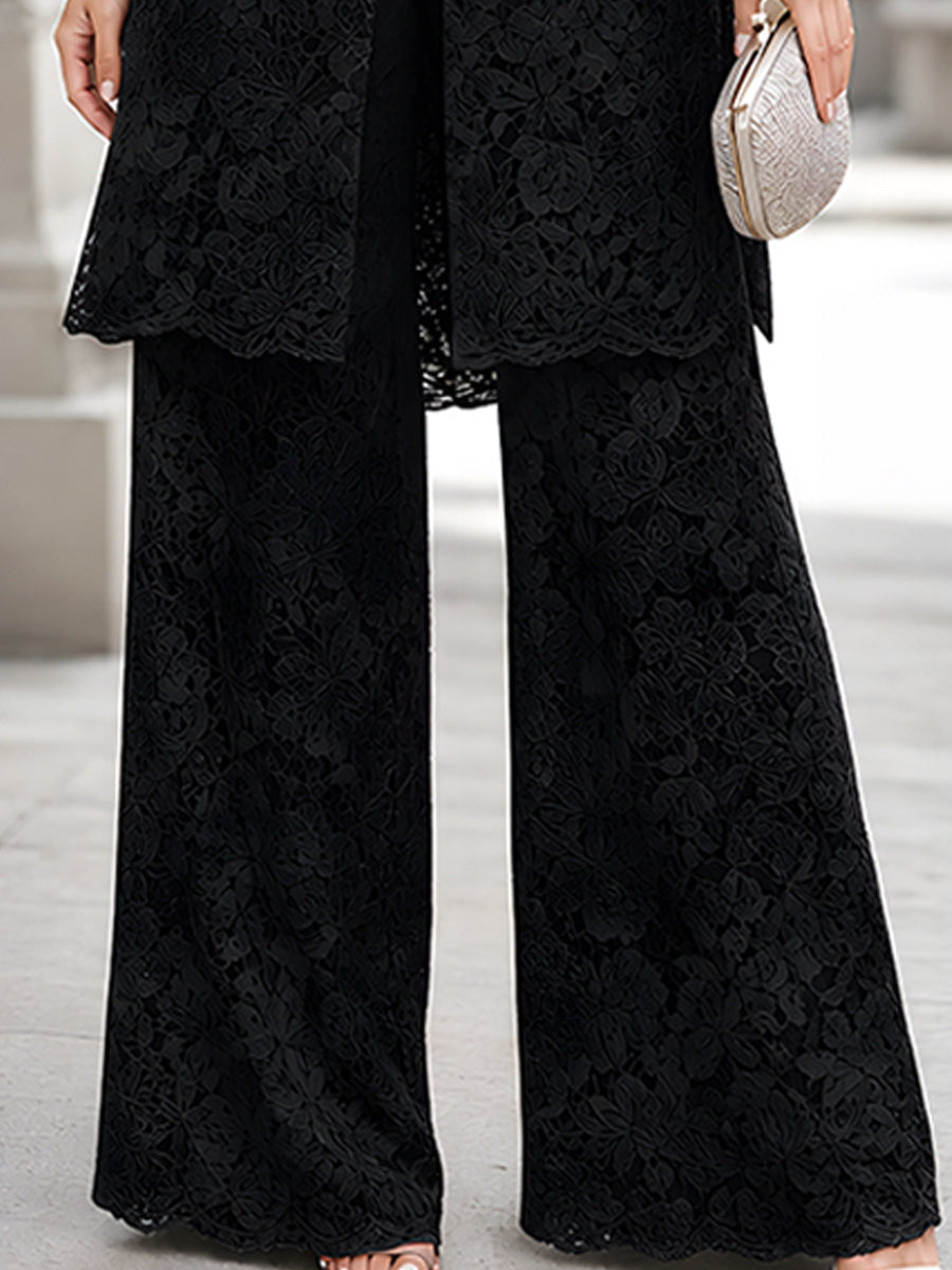 Floral Lace Longline Tunic And Wide-Leg Pants Set
