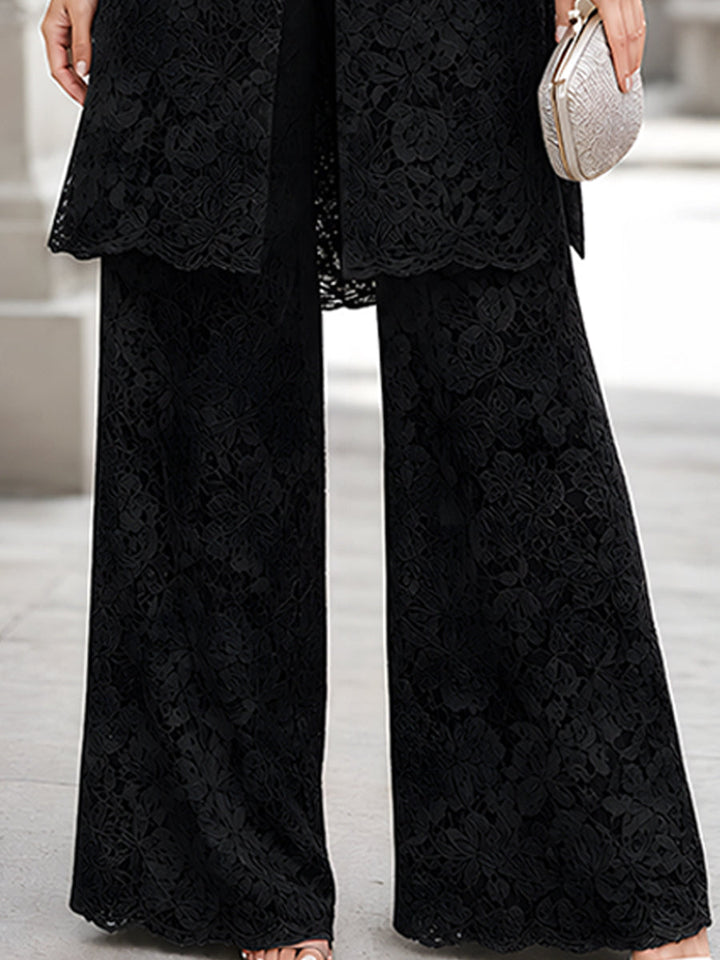 Floral Lace Longline Tunic And Wide-Leg Pants Set