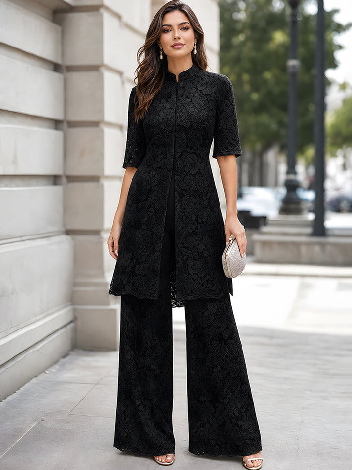 Floral Lace Longline Tunic And Wide-Leg Pants Set