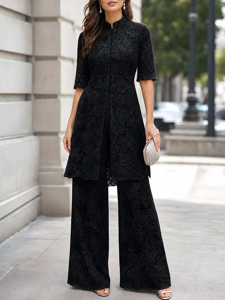 Floral Lace Longline Tunic And Wide-Leg Pants Set