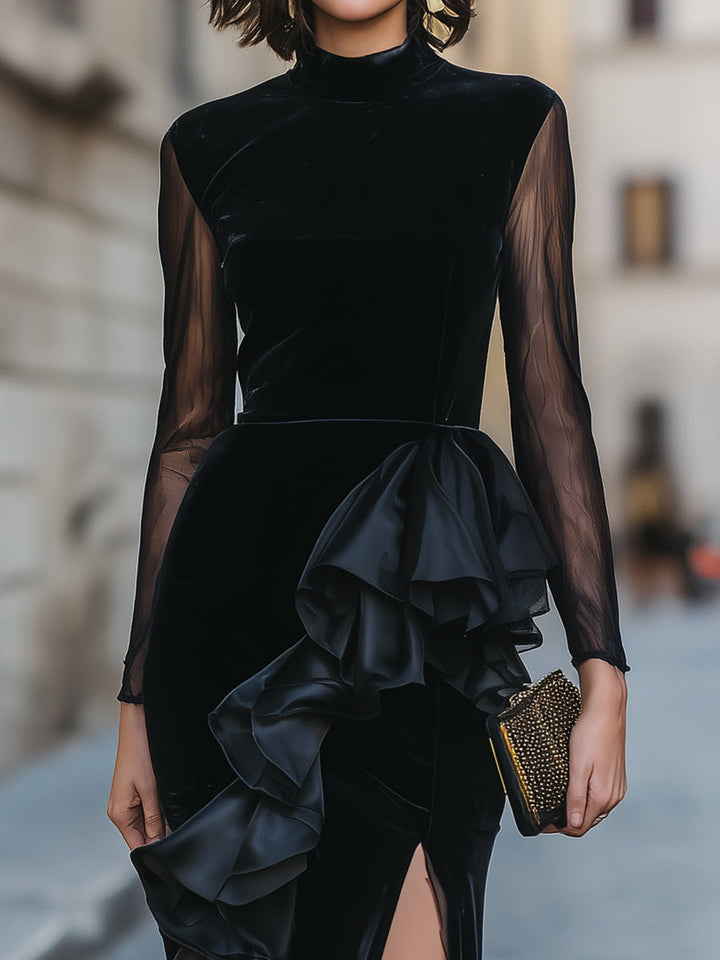 High-Neck Sheer-Sleeve Ruffled Maxi Dress With Front Slit