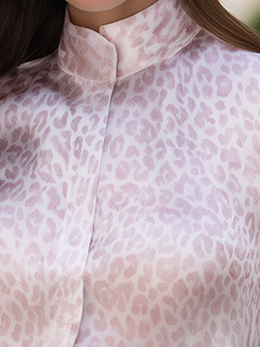 Leopard Print Stand-Collar Satin Blouse