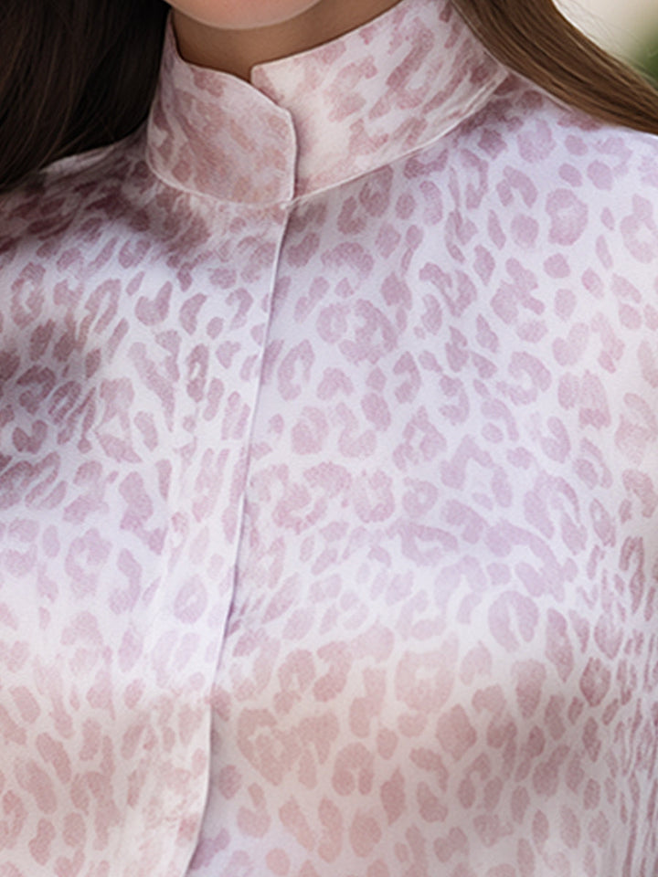 Leopard Print Stand-Collar Satin Blouse