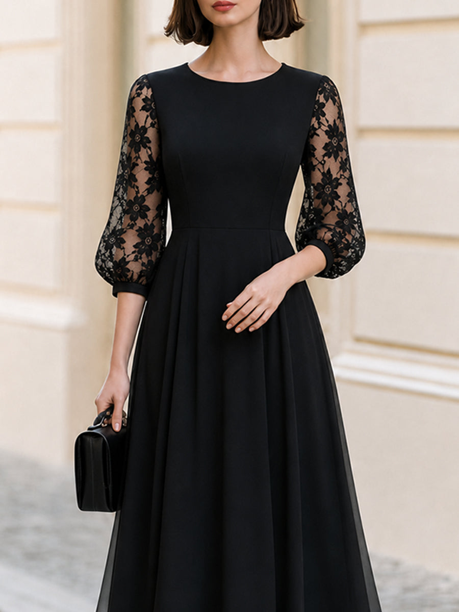 Formal Occasion Round Neck Floral Lace Puff 3/4 Sleeve  Midi A-Line Dress