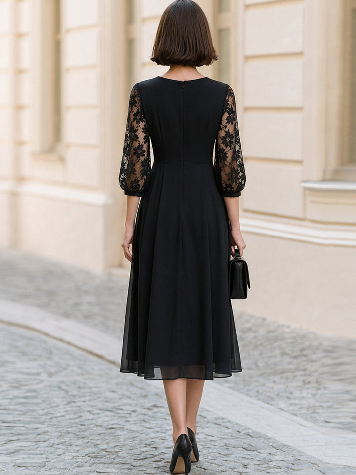 Formal Occasion Round Neck Floral Lace Puff 3/4 Sleeve  Midi A-Line Dress