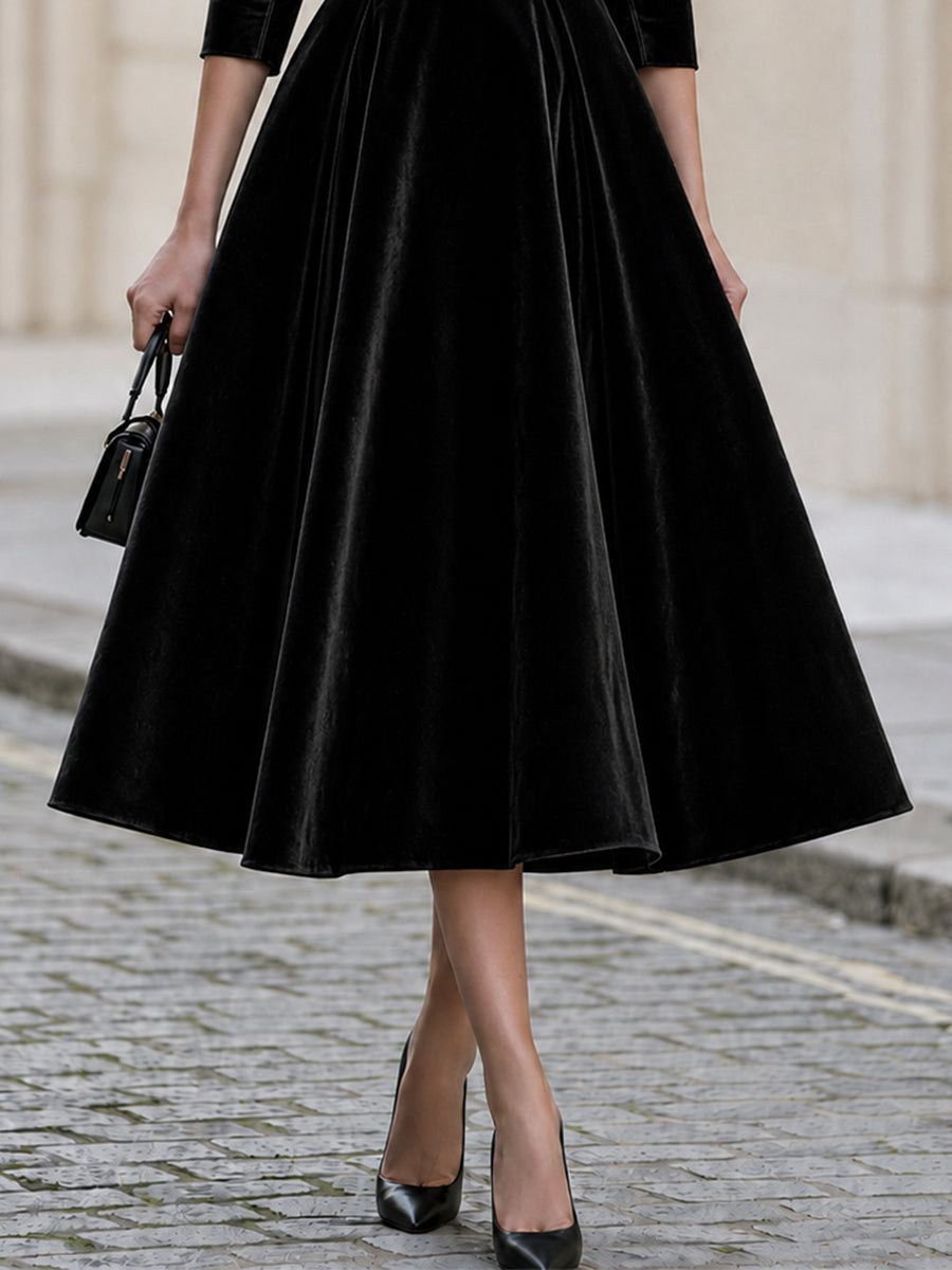 Formal Evening Off The Shoulder Bow 3/4 Sleeve Velvet Midi A-Line  Dress