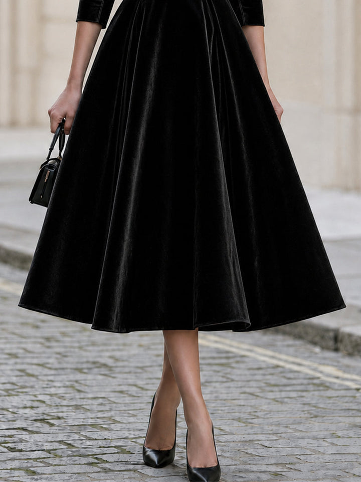 Formal Evening Off The Shoulder Bow 3/4 Sleeve Velvet Midi A-Line  Dress