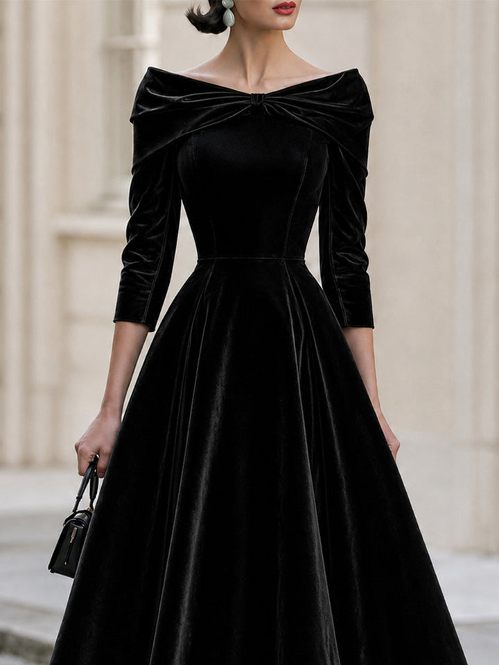 Formal Evening Off The Shoulder Bow 3/4 Sleeve Velvet Midi A-Line  Dress