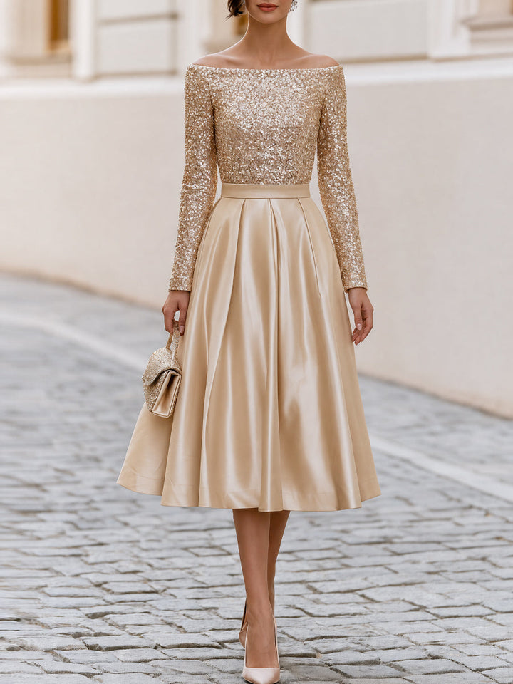 Off Shoulder Sequin Long Sleeve Satin Pleated Midi A-Line Cocktail Dress