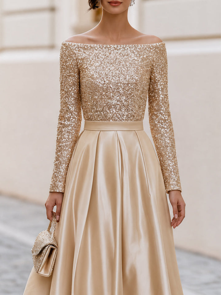 Off Shoulder Sequin Long Sleeve Satin Pleated Midi A-Line Cocktail Dress