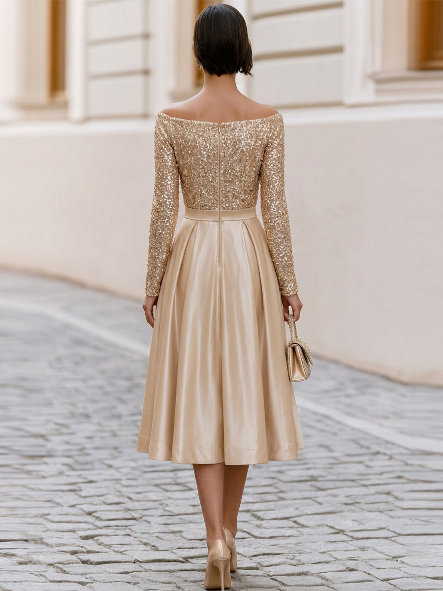 Off Shoulder Sequin Long Sleeve Satin Pleated Midi A-Line Cocktail Dress