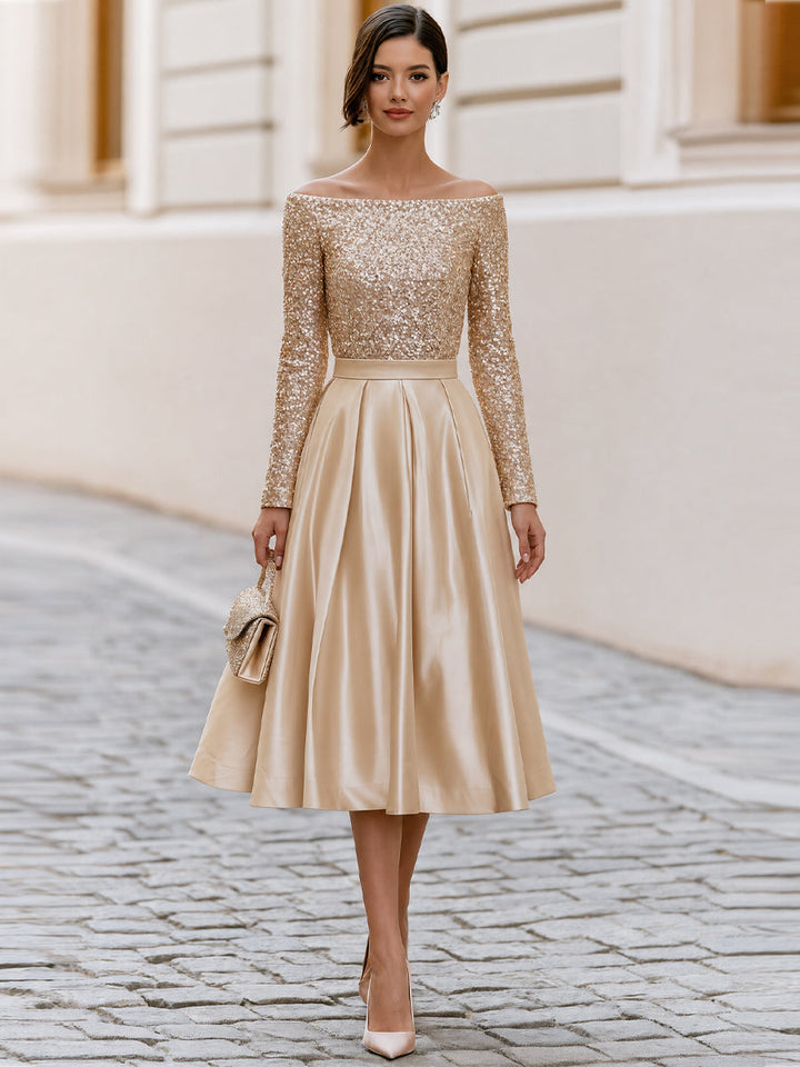 Off Shoulder Sequin Long Sleeve Satin Pleated Midi A-Line Cocktail Dress