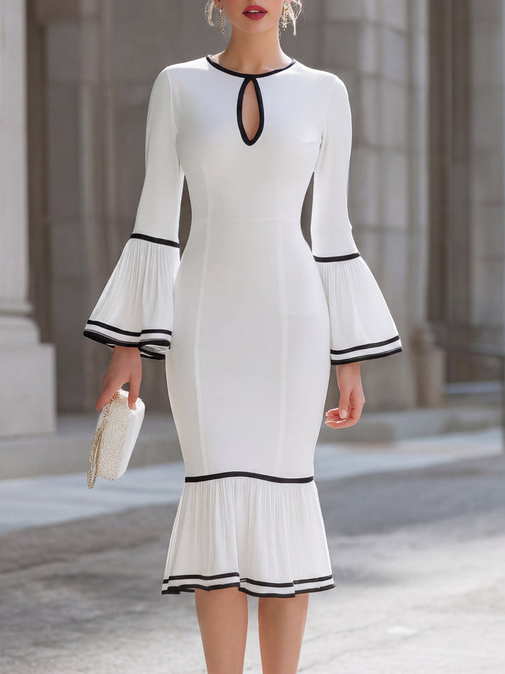 Contrast-Trim Keyhole Bell-Sleeve Midi Dress