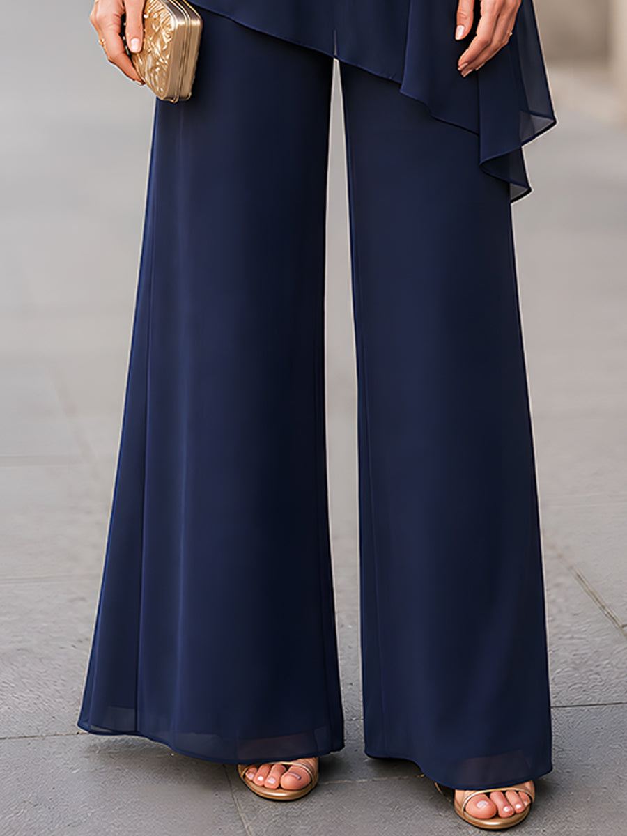Asymmetric Layered Chiffon Tunic And Wide-Leg Pants Set