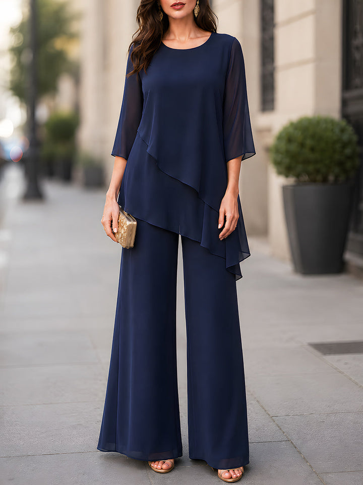 Asymmetric Layered Chiffon Tunic And Wide-Leg Pants Set