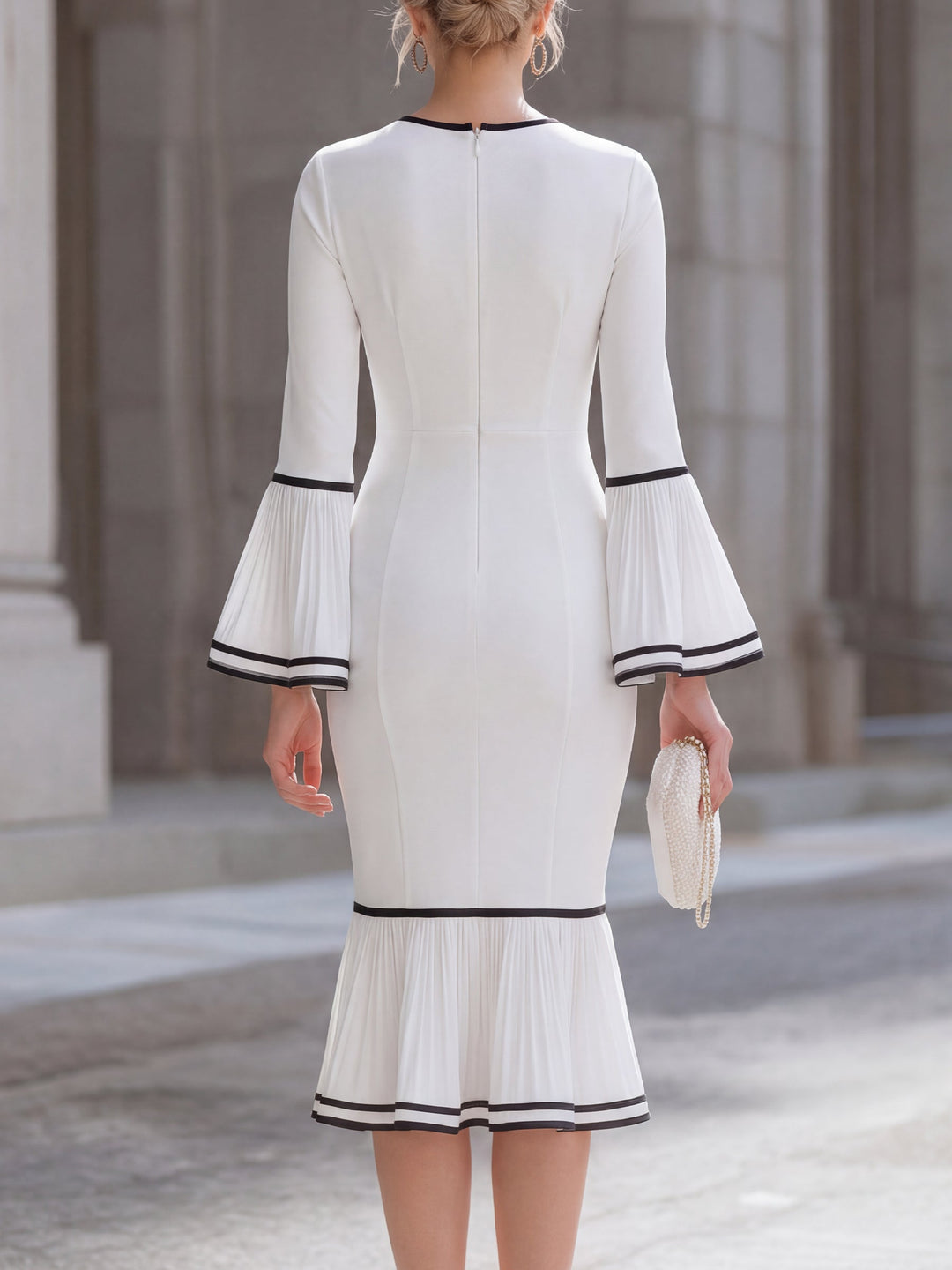 Contrast-Trim Keyhole Bell-Sleeve Midi Dress