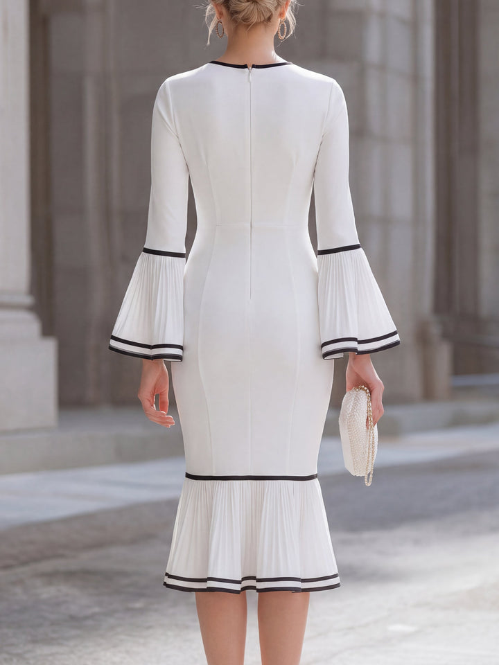 Contrast-Trim Keyhole Bell-Sleeve Midi Dress