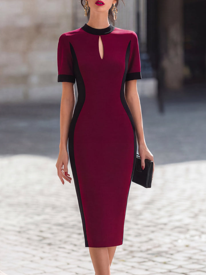Contrast Panel Keyhole Tailored Midi Dress