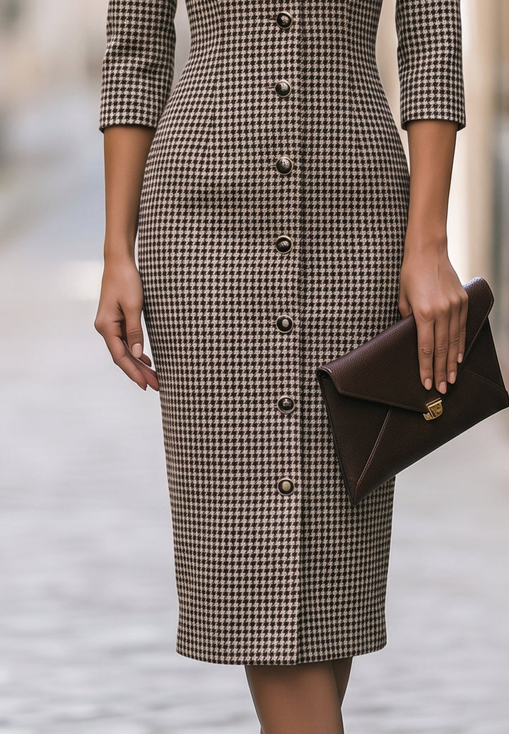 Houndstooth Contrast-Collar Button-Front Midi Dress