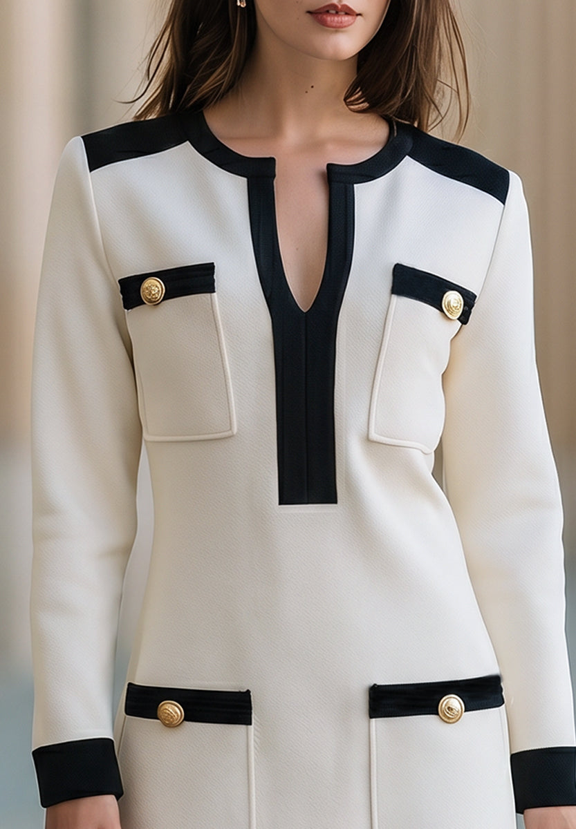 Contrast-Trim Pocket Long-Sleeve Mini Dress