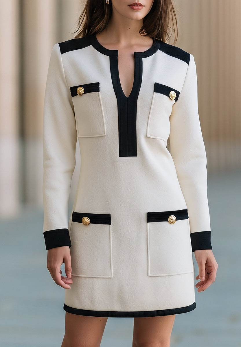 Contrast-Trim Pocket Long-Sleeve Mini Dress