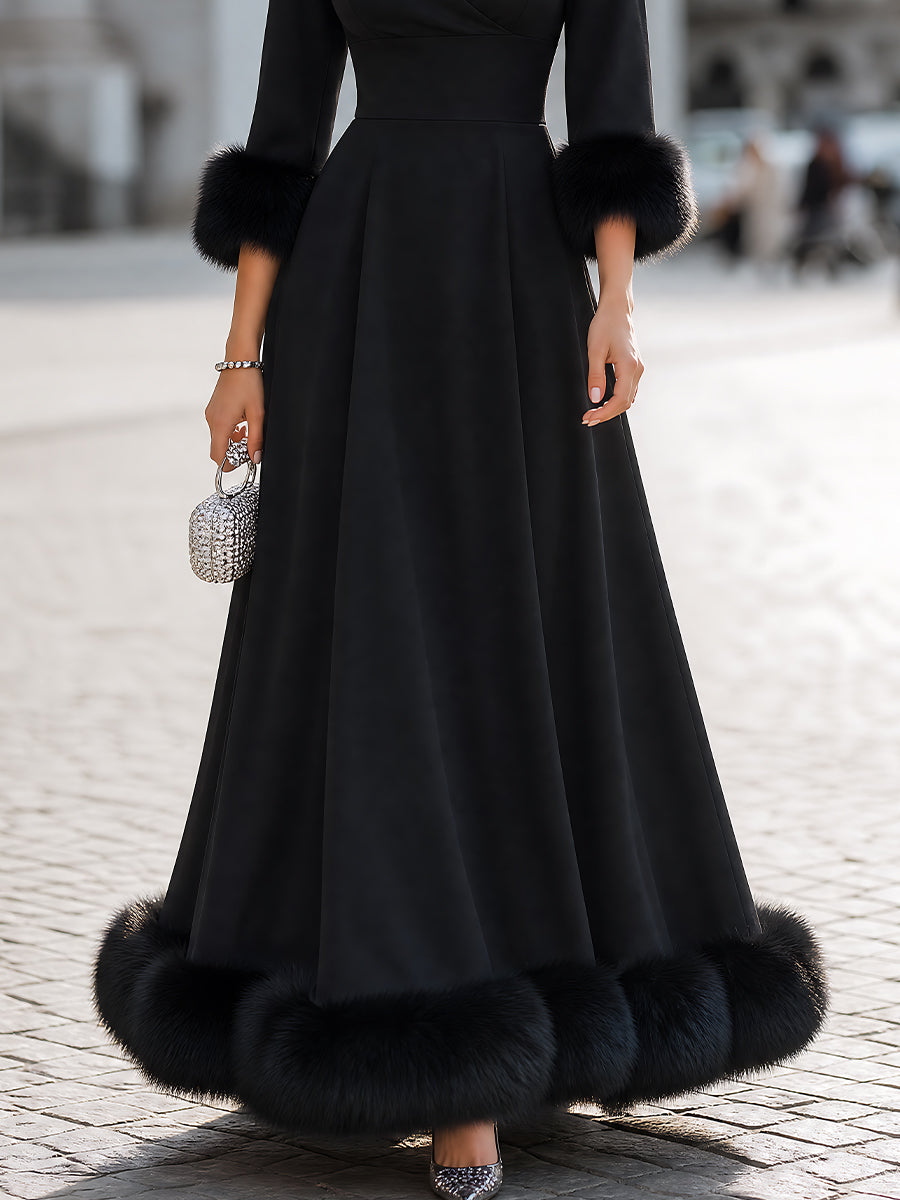 Faux-Fur Trimmed V-Neck A-Line Maxi Dress