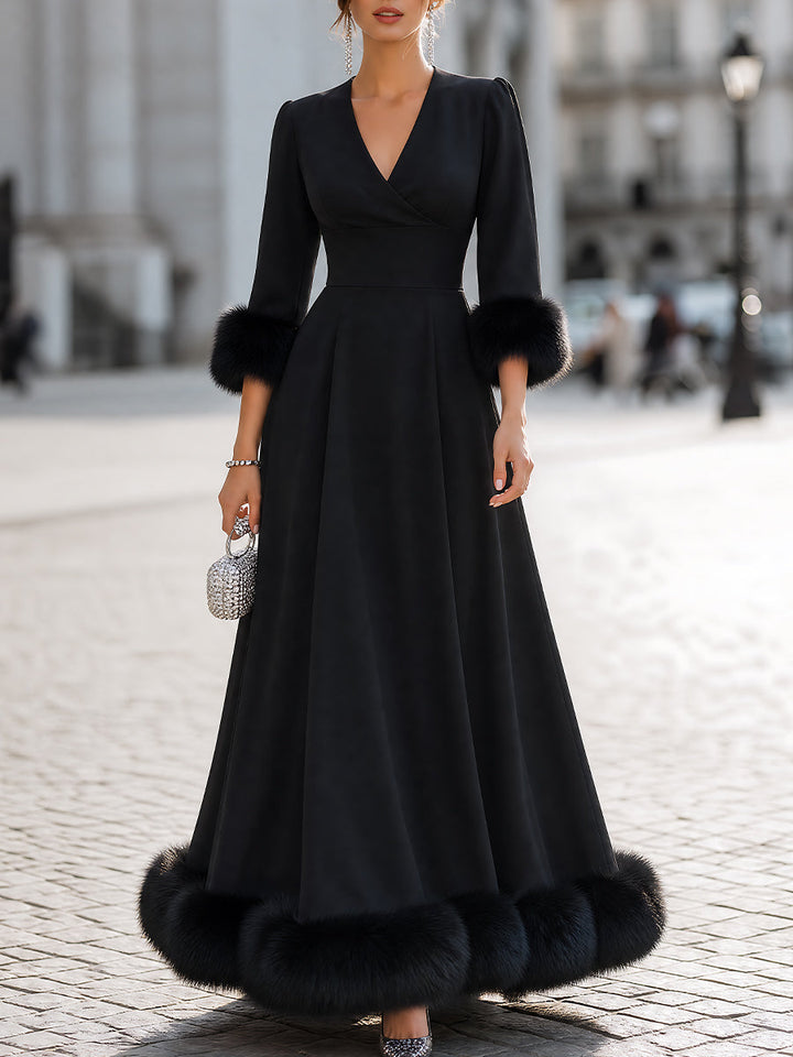 Faux-Fur Trimmed V-Neck A-Line Maxi Dress