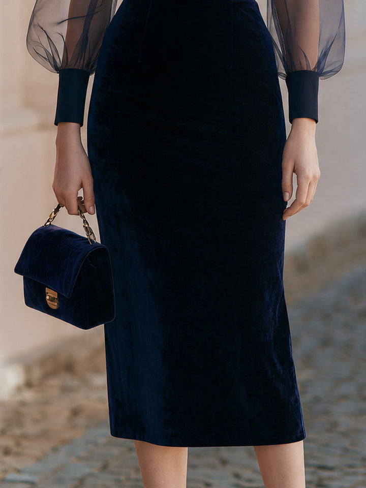 Puff Sleeve Velvet Midi Pencil Dress,Cocktail & Wedding Guest Occasion Dress