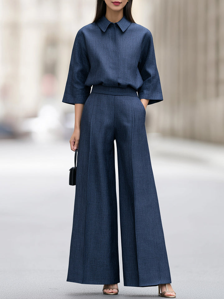 Elegant Wide Collared Top Leg Pants Set