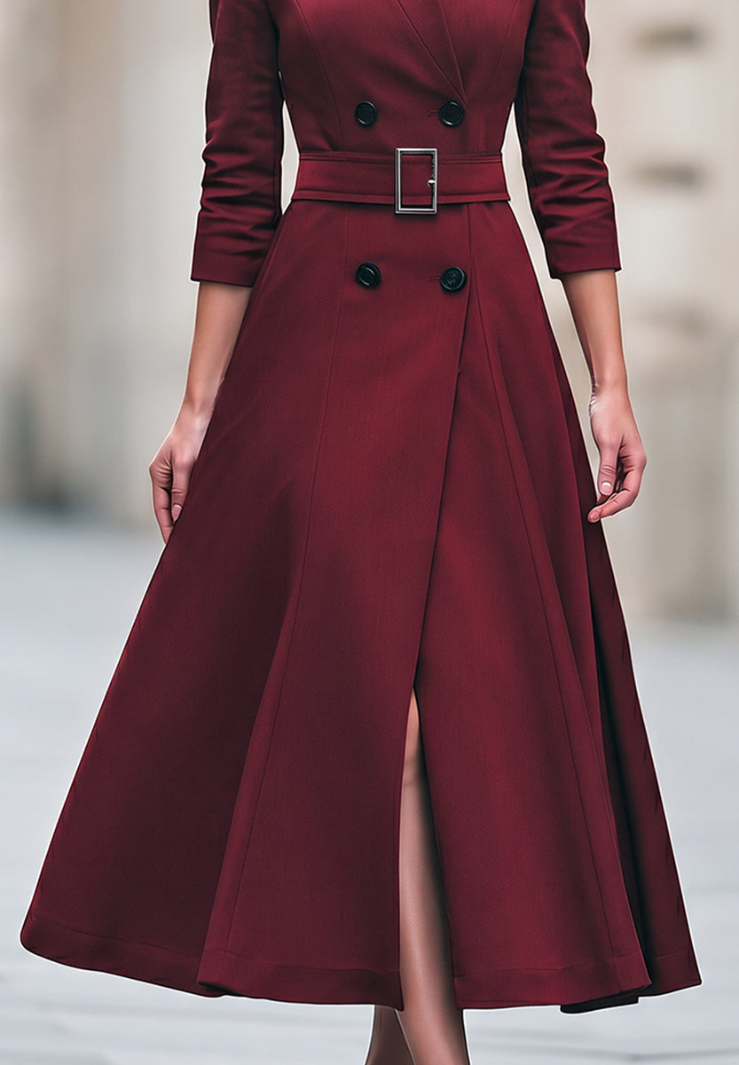 Belted Double-Breasted A-Line Midi Dress