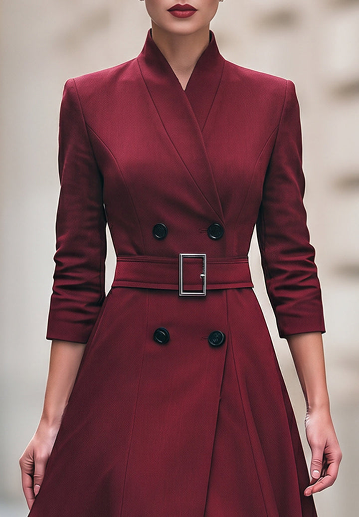 Belted Double-Breasted A-Line Midi Dress