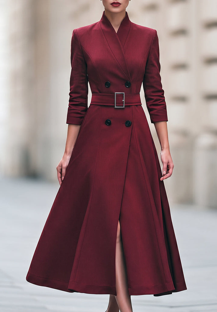 Belted Double-Breasted A-Line Midi Dress