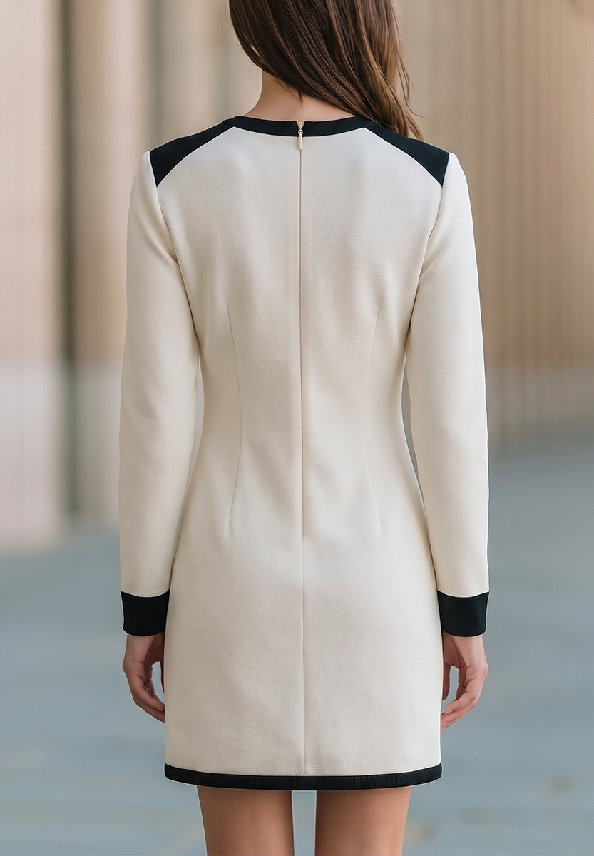 Contrast-Trim Pocket Long-Sleeve Mini Dress