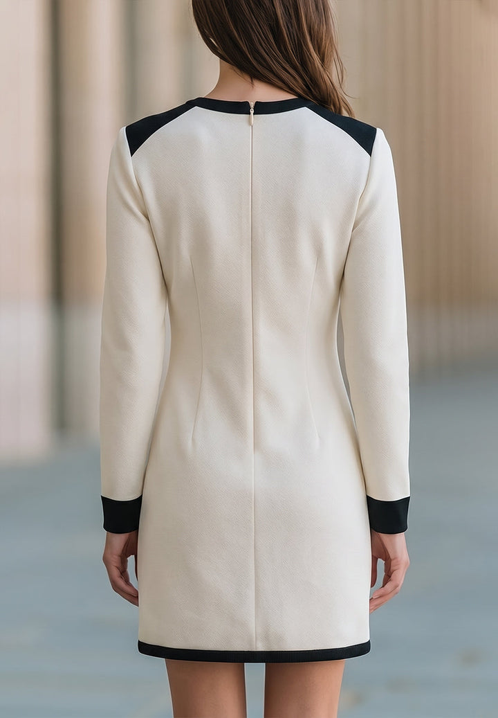 Contrast-Trim Pocket Long-Sleeve Mini Dress