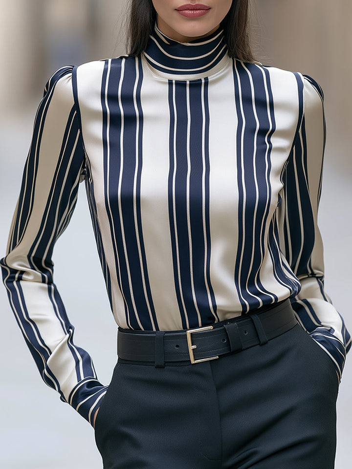 Striped Satin High-Neck Blouse