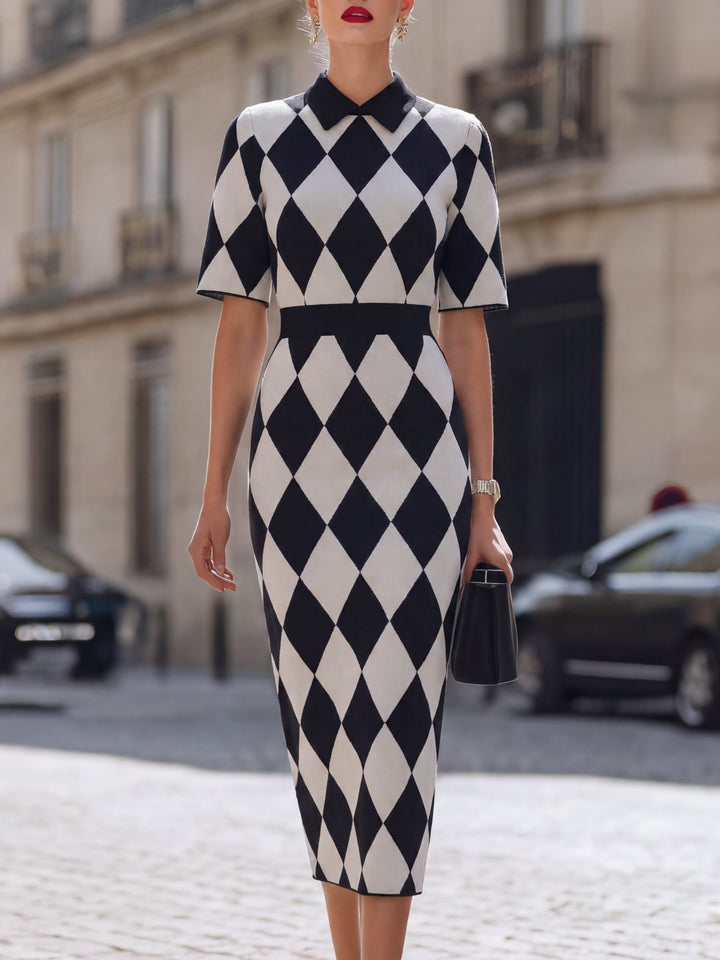 Argyle Pattern Knit Mock-Neck Midi Dress