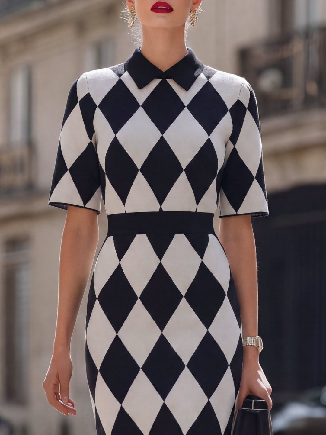 Argyle Pattern Knit Mock-Neck Midi Dress