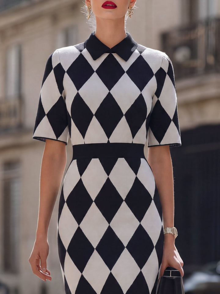 Argyle Pattern Knit Mock-Neck Midi Dress