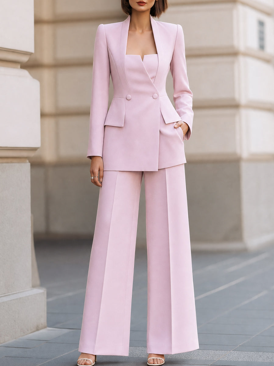 Sculpted Square-Neck Blazer And Wide-Leg Pants Set