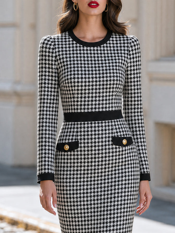 Office Formal Occasion Round Neck Houndstooth Midi Pencil Dress
